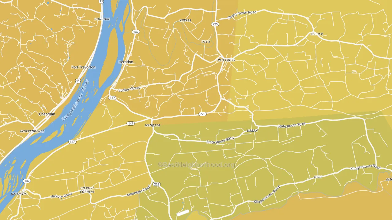 Map of the best neighborhoods in the 17830 area, with better matches in green and worse matches in red