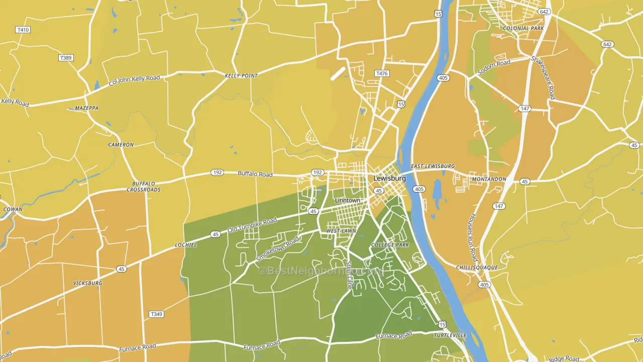 Map of the best neighborhoods in the 17837 area, with better matches in green and worse matches in red