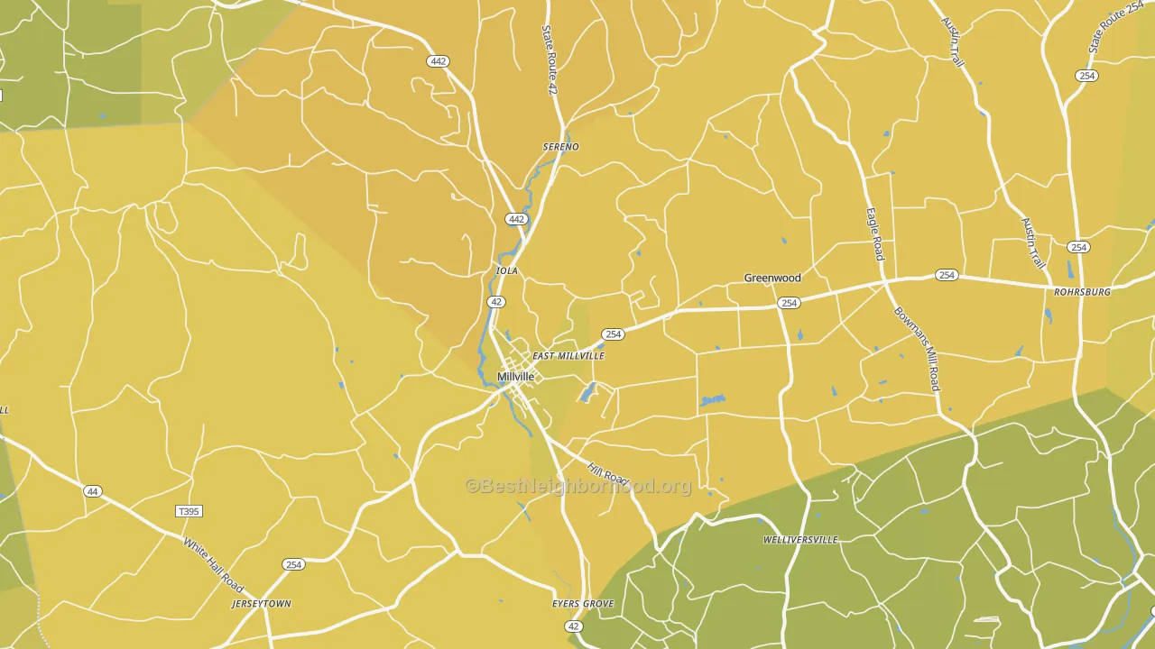 Map of the best neighborhoods in the 17846 area, with better matches in green and worse matches in red