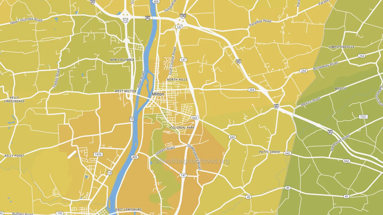 Map of the best neighborhoods in the 17847 area, with better matches in green and worse matches in red