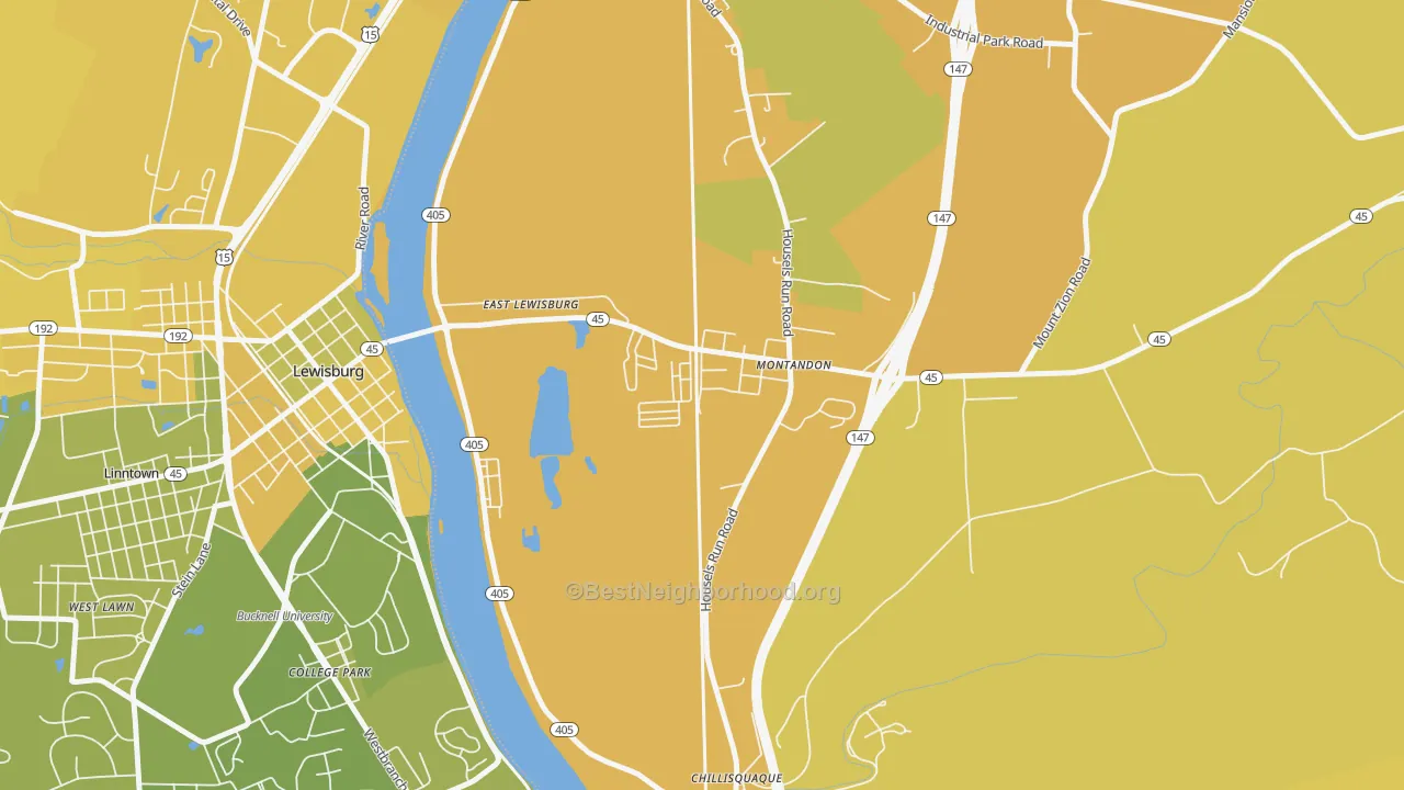 Map of the best neighborhoods in the 17850 area, with better matches in green and worse matches in red