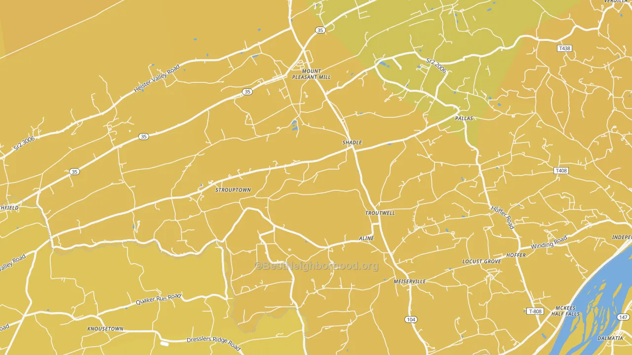 Map of the best neighborhoods in the 17853 area, with better matches in green and worse matches in red