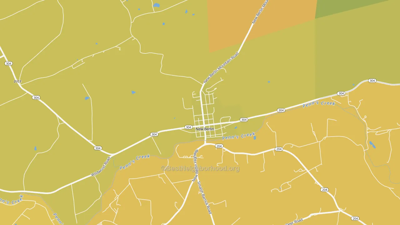 Map of the best neighborhoods in the 17855 area, with better matches in green and worse matches in red