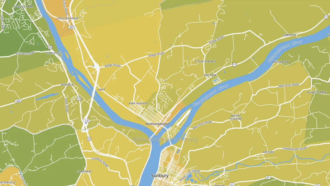 Map of the best neighborhoods in the 17857 area, with better matches in green and worse matches in red