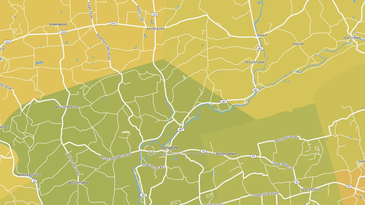 Map of the best neighborhoods in the 17859 area, with better matches in green and worse matches in red