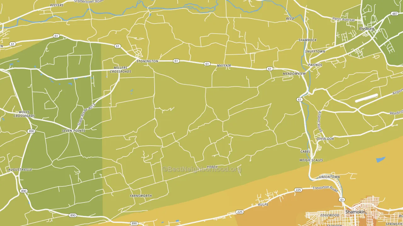 Map of the best neighborhoods in the 17860 area, with better matches in green and worse matches in red