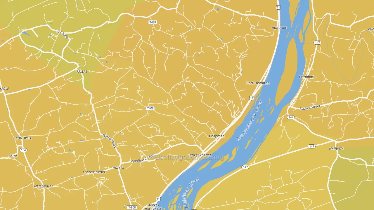 Map of the best neighborhoods in the 17864 area, with better matches in green and worse matches in red