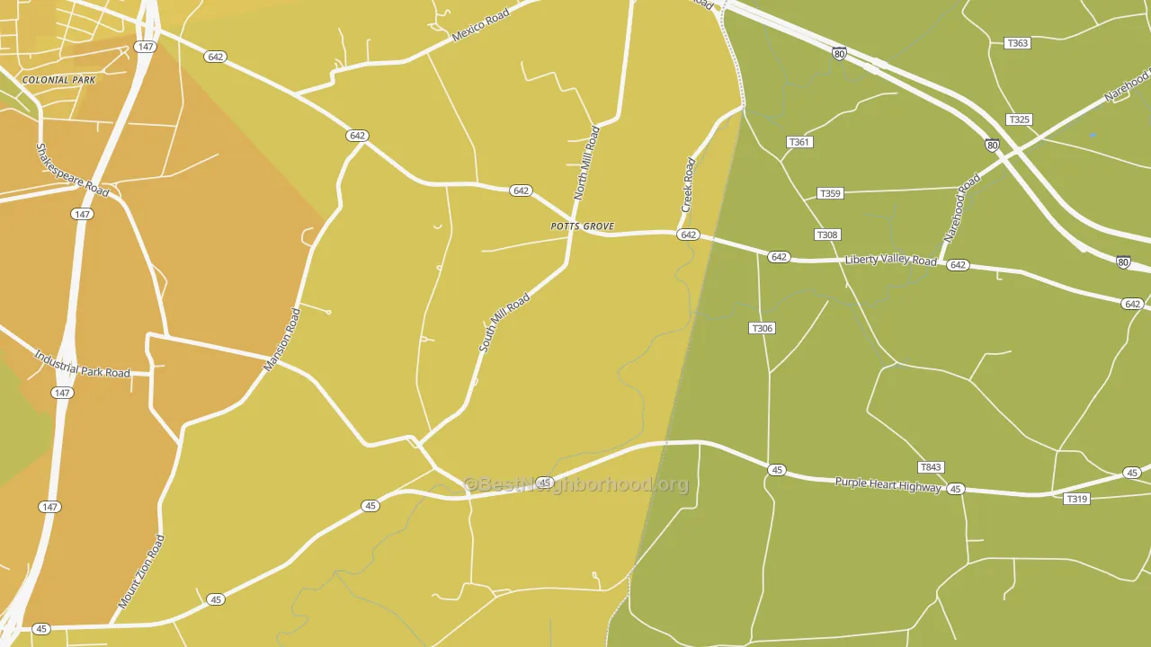 Map of the best neighborhoods in the 17865 area, with better matches in green and worse matches in red
