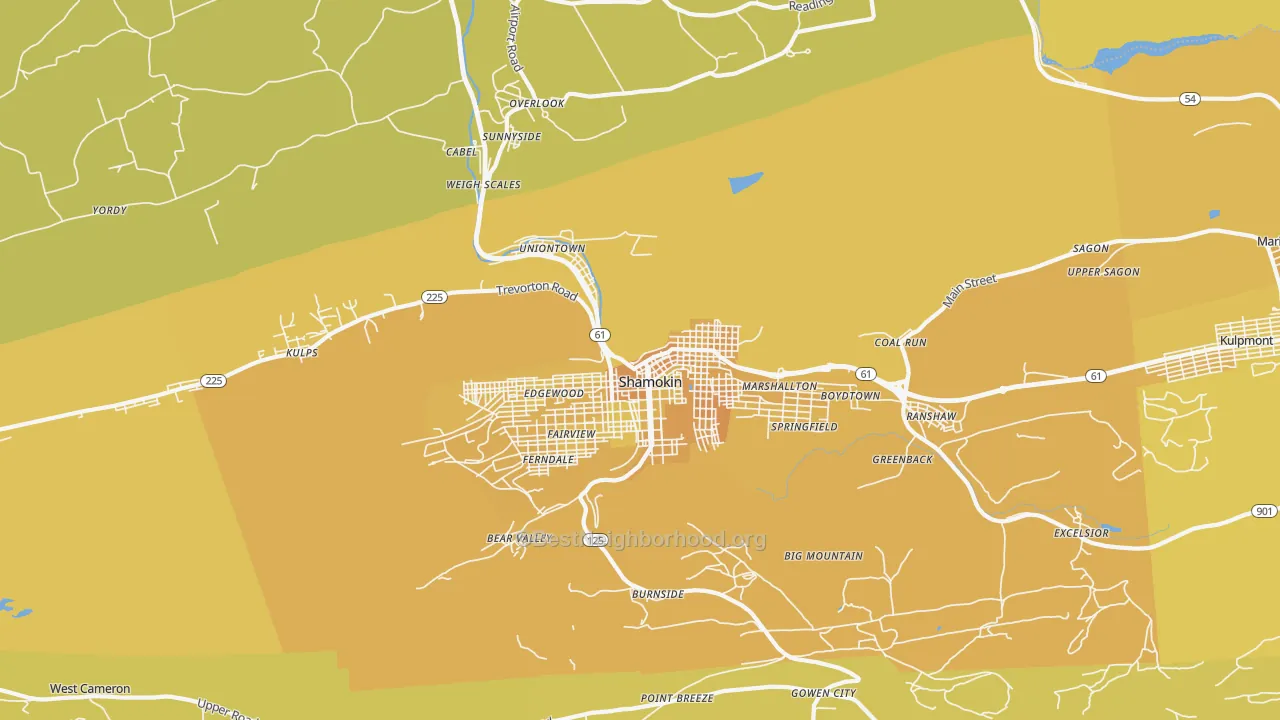 Map of the best neighborhoods in the 17866 area, with better matches in green and worse matches in red