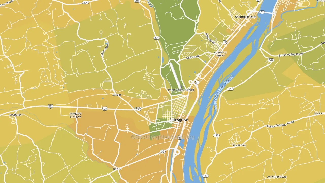 Map of the best neighborhoods in the 17870 area, with better matches in green and worse matches in red