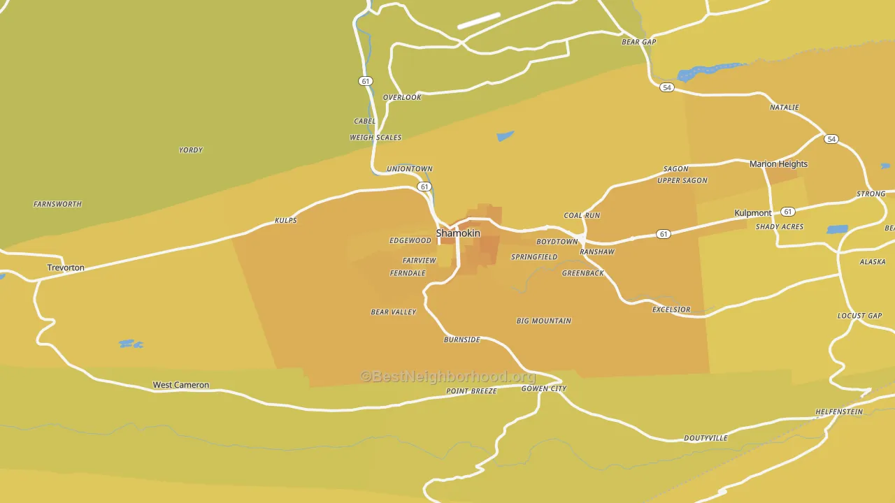 Map of the best neighborhoods in the 17872 area, with better matches in green and worse matches in red