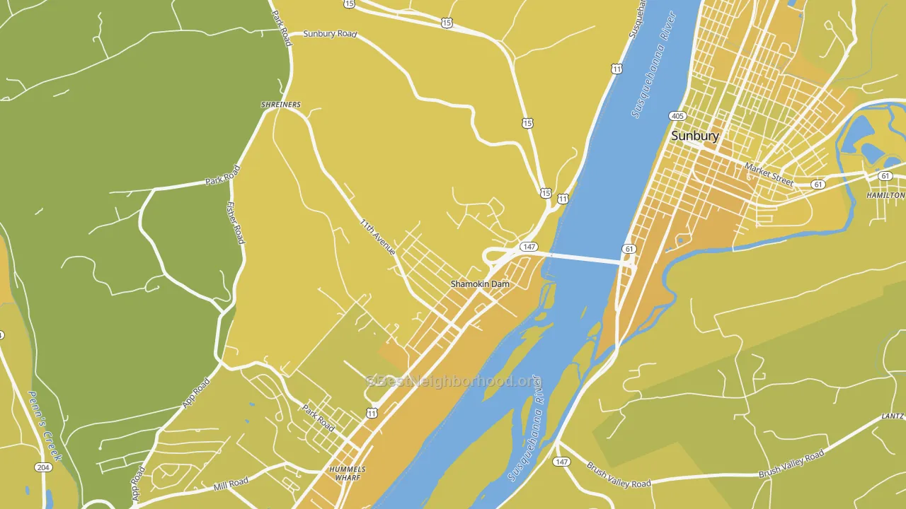 Map of the best neighborhoods in the 17876 area, with better matches in green and worse matches in red