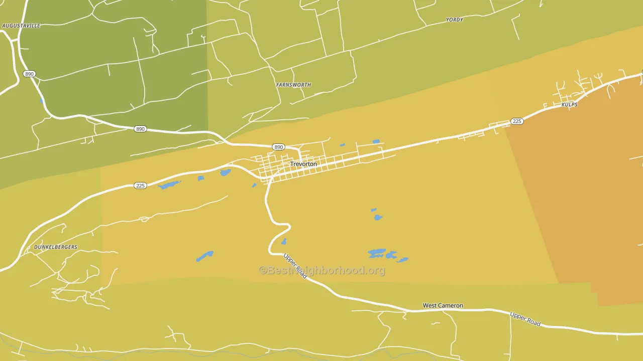 Map of the best neighborhoods in the 17881 area, with better matches in green and worse matches in red