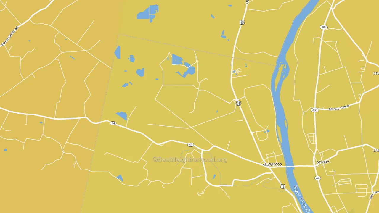 Map of the best neighborhoods in the 17887 area, with better matches in green and worse matches in red