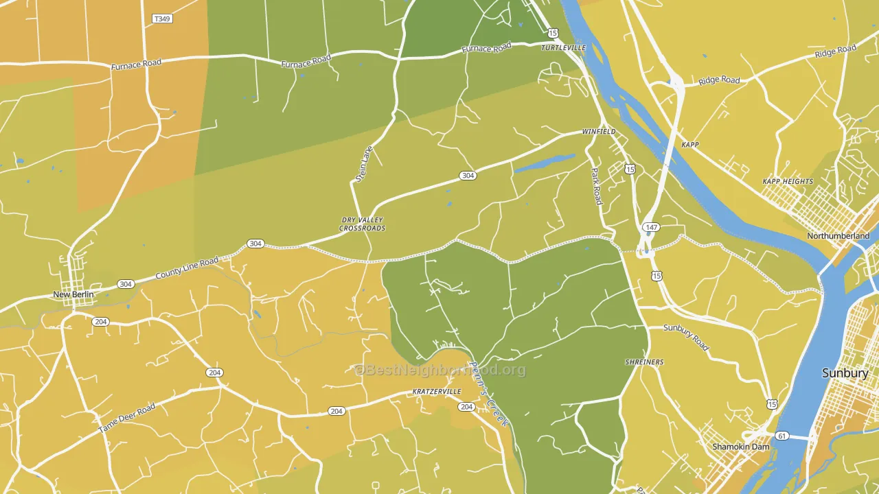 Map of the best neighborhoods in the 17889 area, with better matches in green and worse matches in red