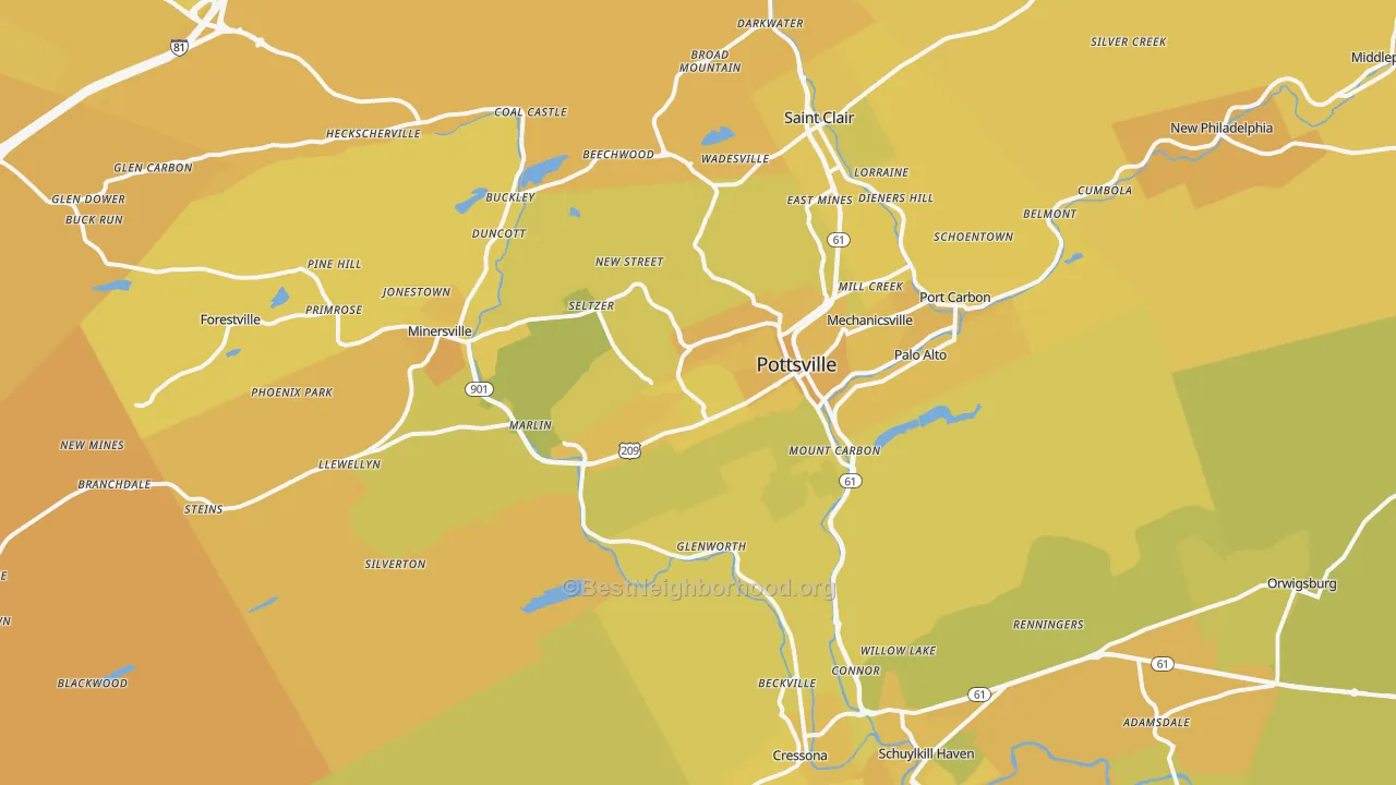 Map of the best neighborhoods in the 17901 area, with better matches in green and worse matches in red