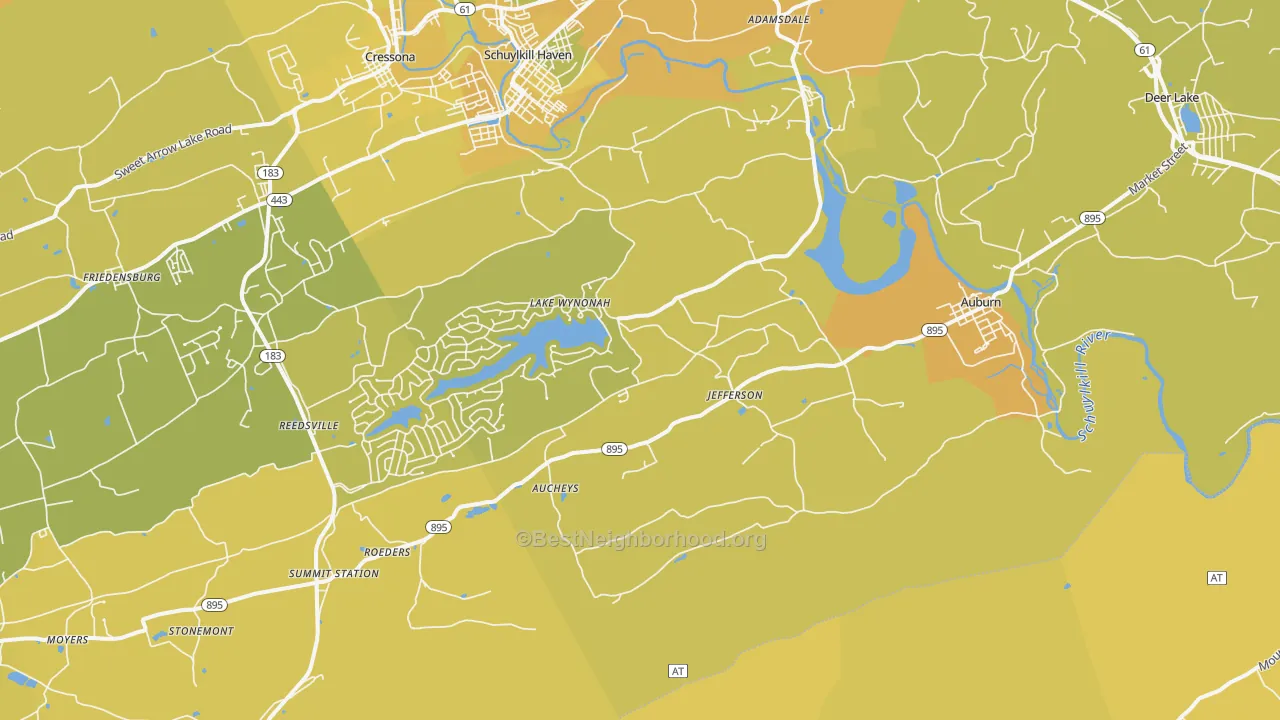 Map of the best neighborhoods in the 17922 area, with better matches in green and worse matches in red