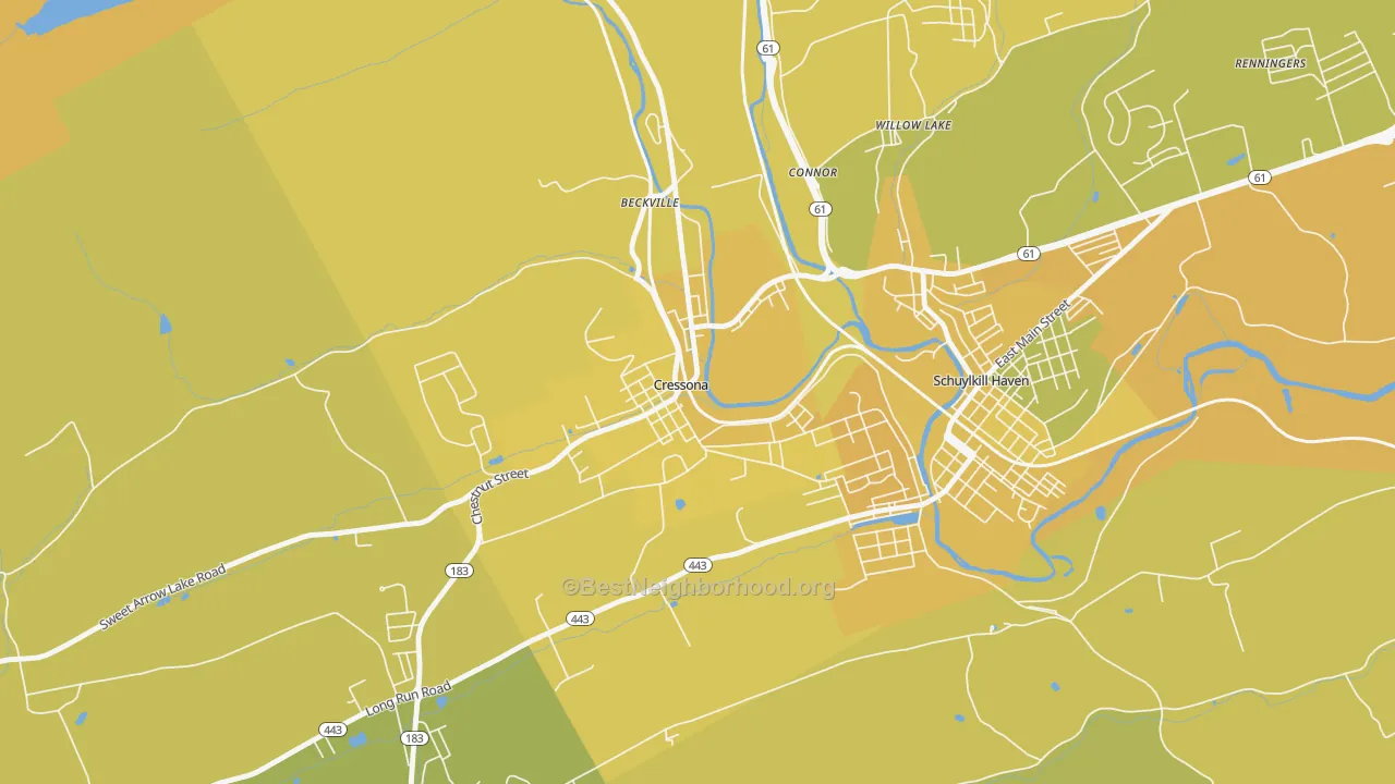 Map of the best neighborhoods in the 17929 area, with better matches in green and worse matches in red