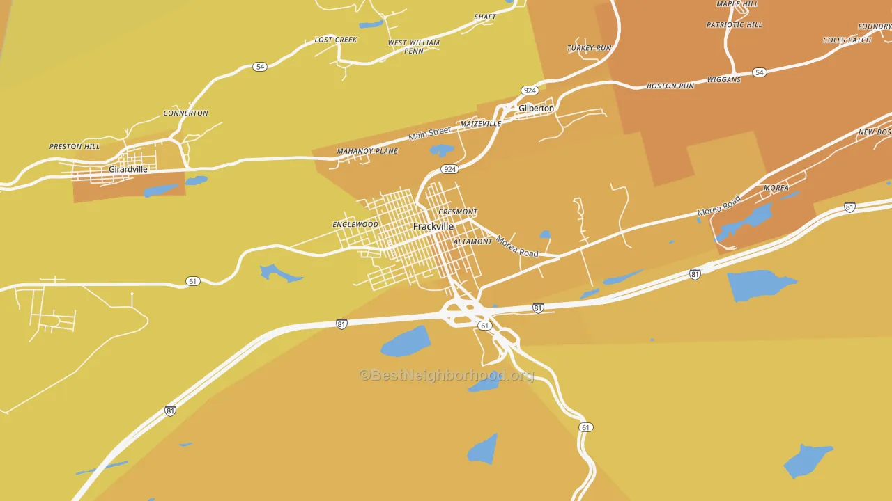 Map of the best neighborhoods in the 17931 area, with better matches in green and worse matches in red