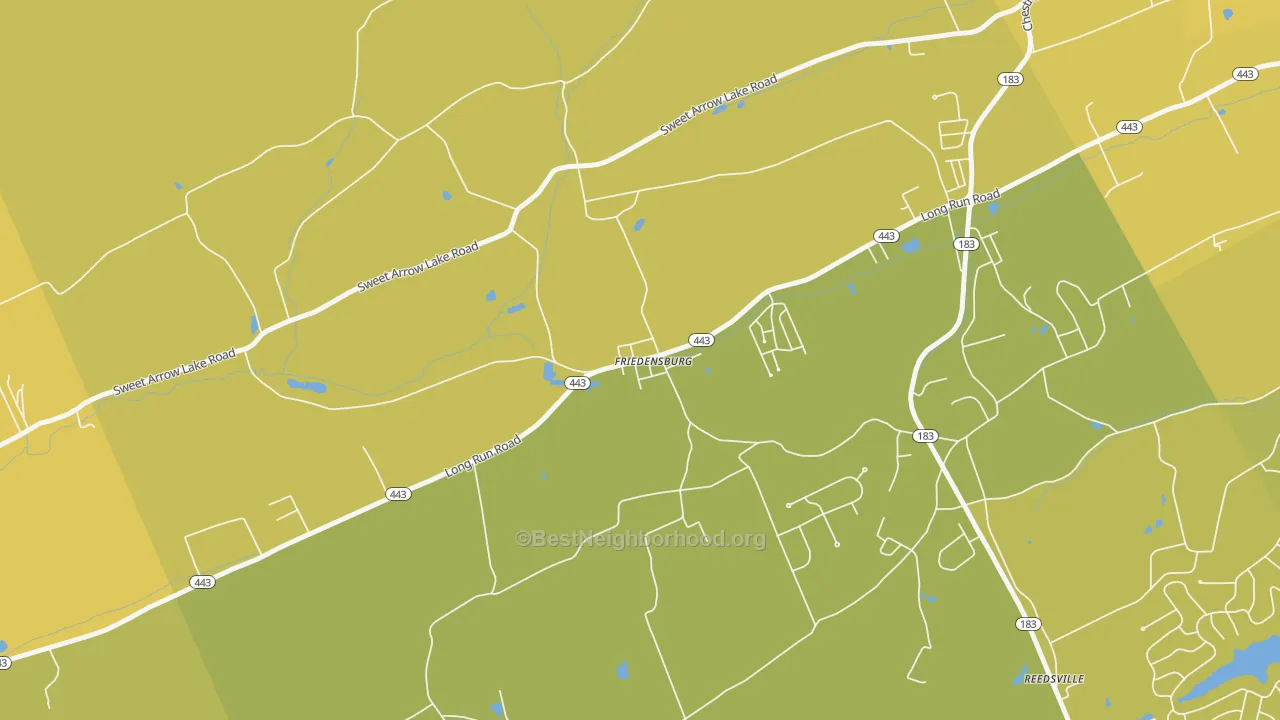 Map of the best neighborhoods in the 17933 area, with better matches in green and worse matches in red