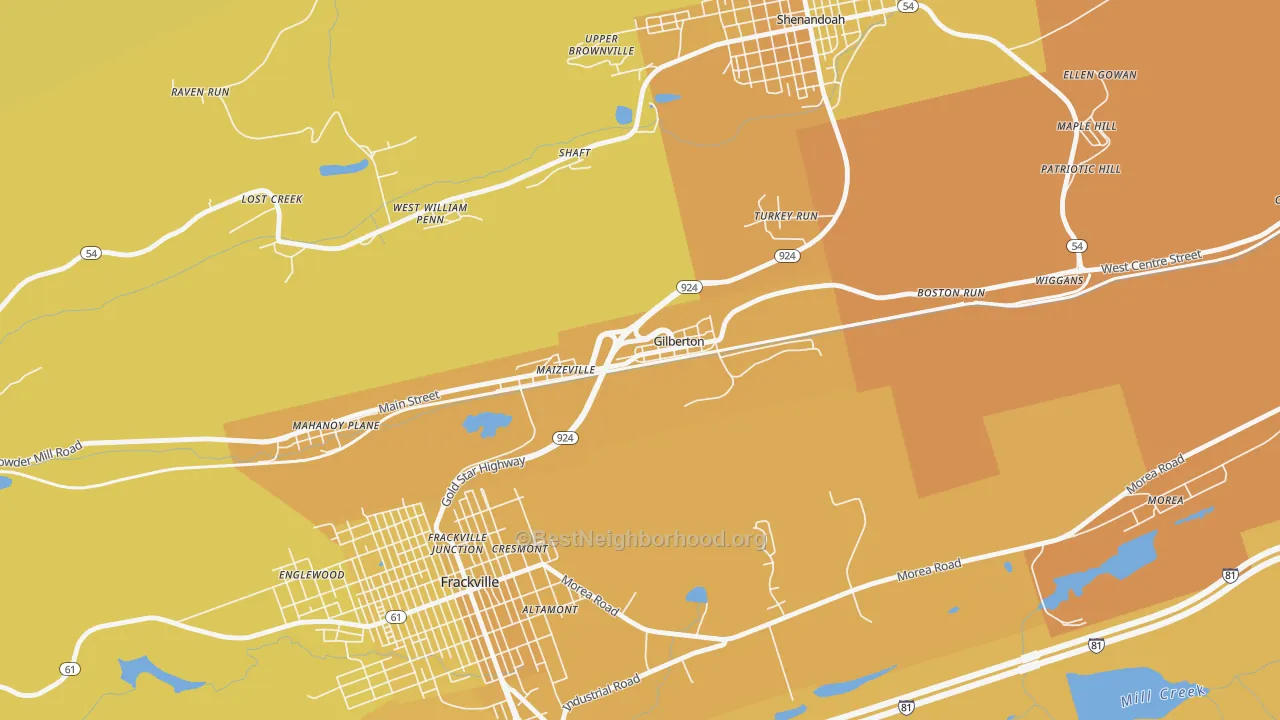 Map of the best neighborhoods in the 17934 area, with better matches in green and worse matches in red