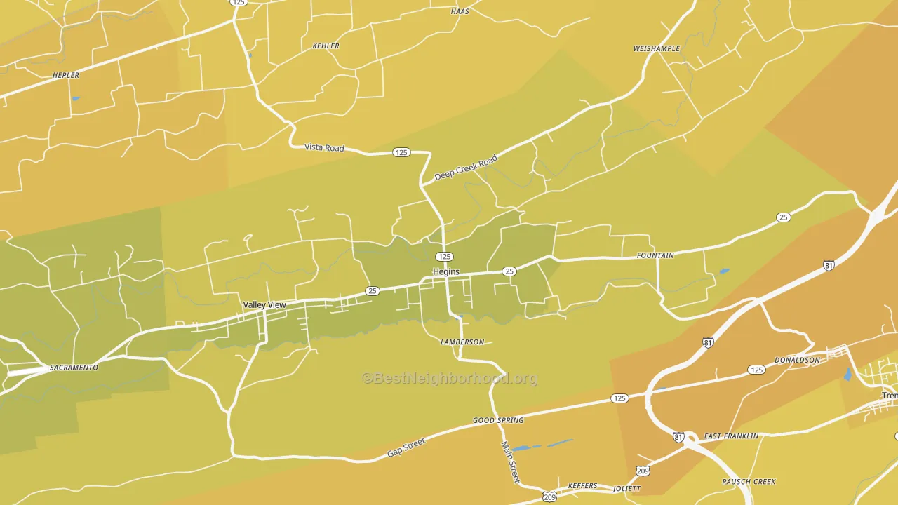 Map of the best neighborhoods in the 17938 area, with better matches in green and worse matches in red