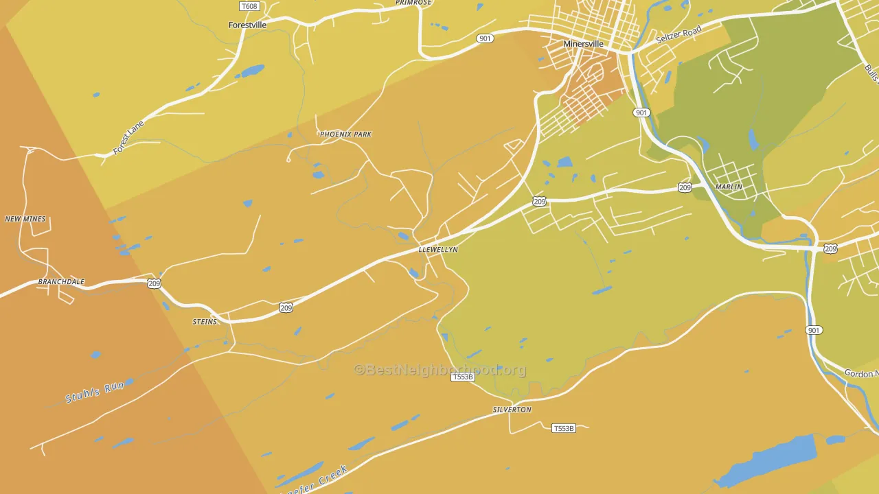 Map of the best neighborhoods in the 17944 area, with better matches in green and worse matches in red