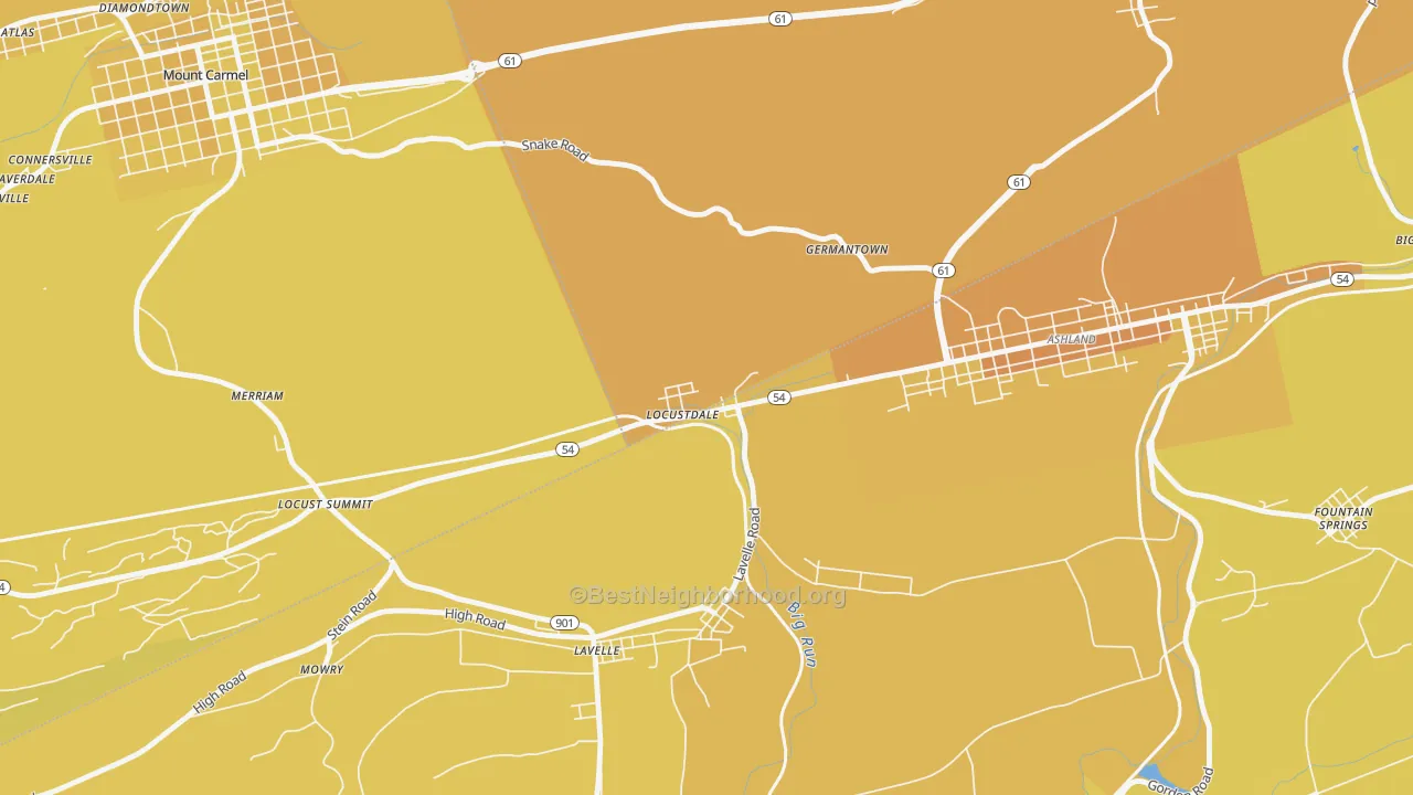 Map of the best neighborhoods in the 17945 area, with better matches in green and worse matches in red