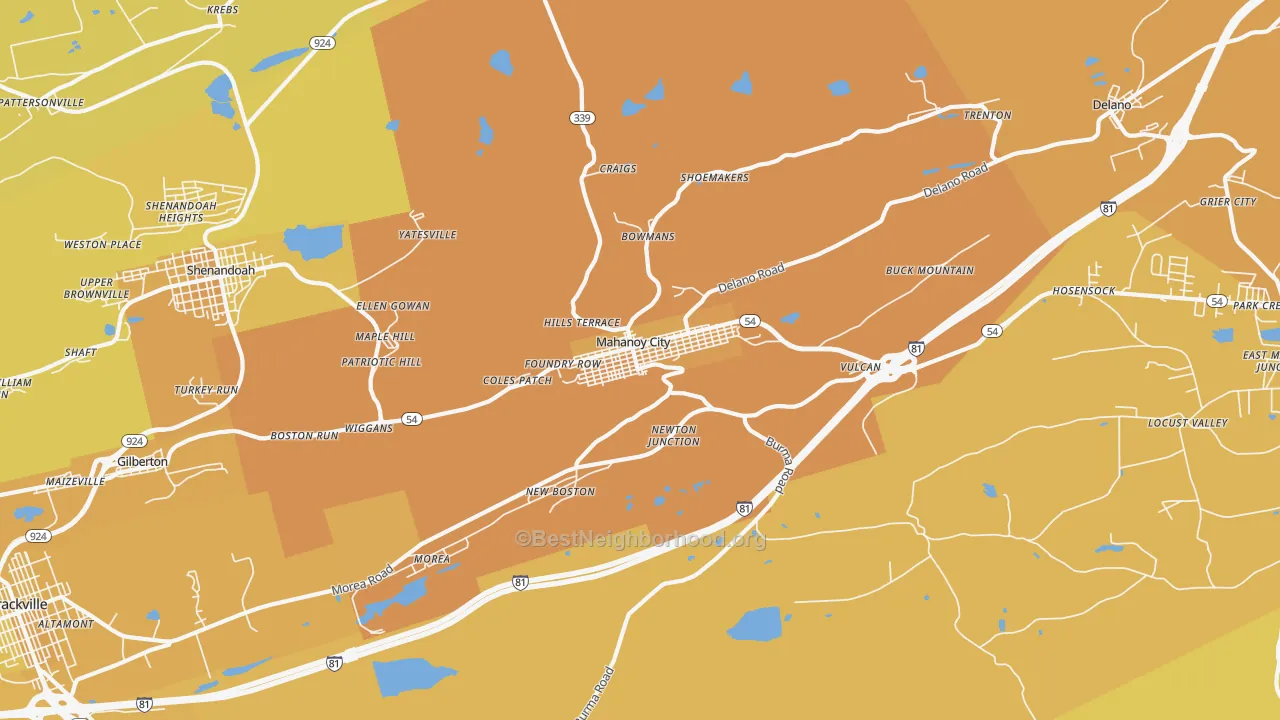 Map of the best neighborhoods in the 17948 area, with better matches in green and worse matches in red