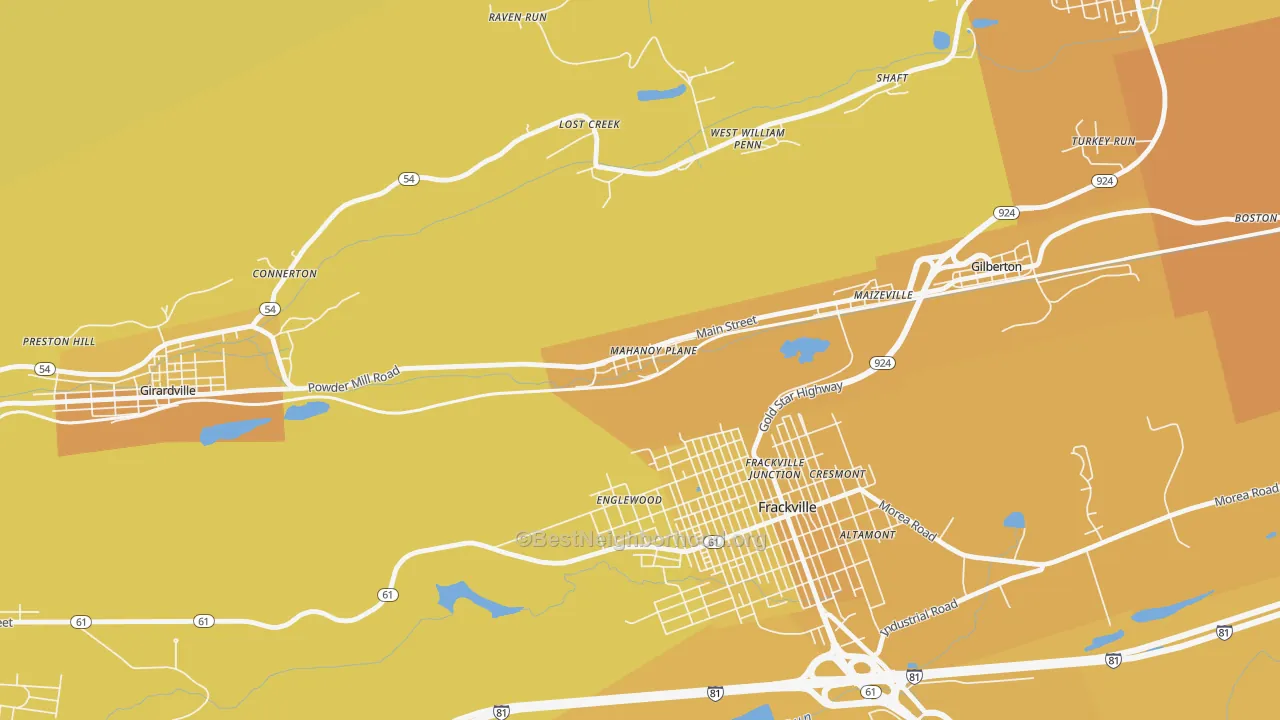 Map of the best neighborhoods in the 17949 area, with better matches in green and worse matches in red