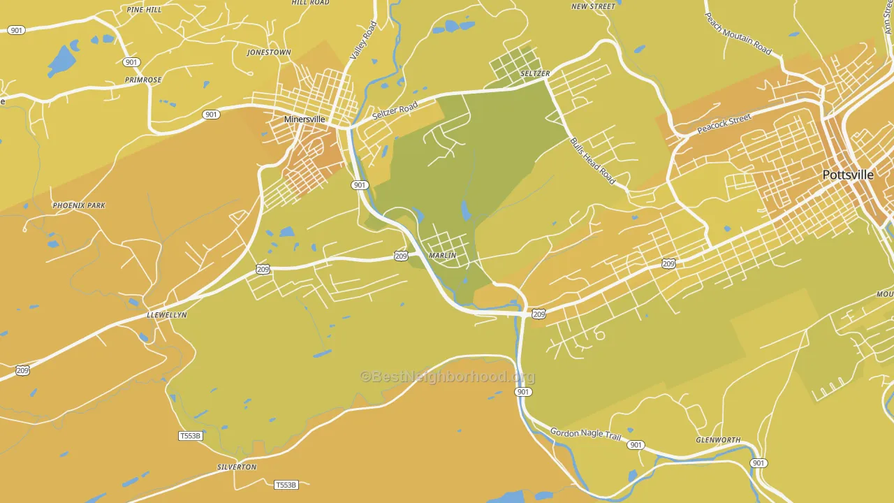 Map of the best neighborhoods in the 17951 area, with better matches in green and worse matches in red