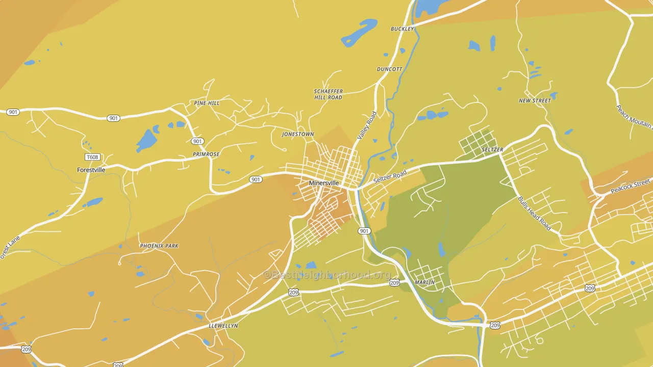 Map of the best neighborhoods in the 17954 area, with better matches in green and worse matches in red