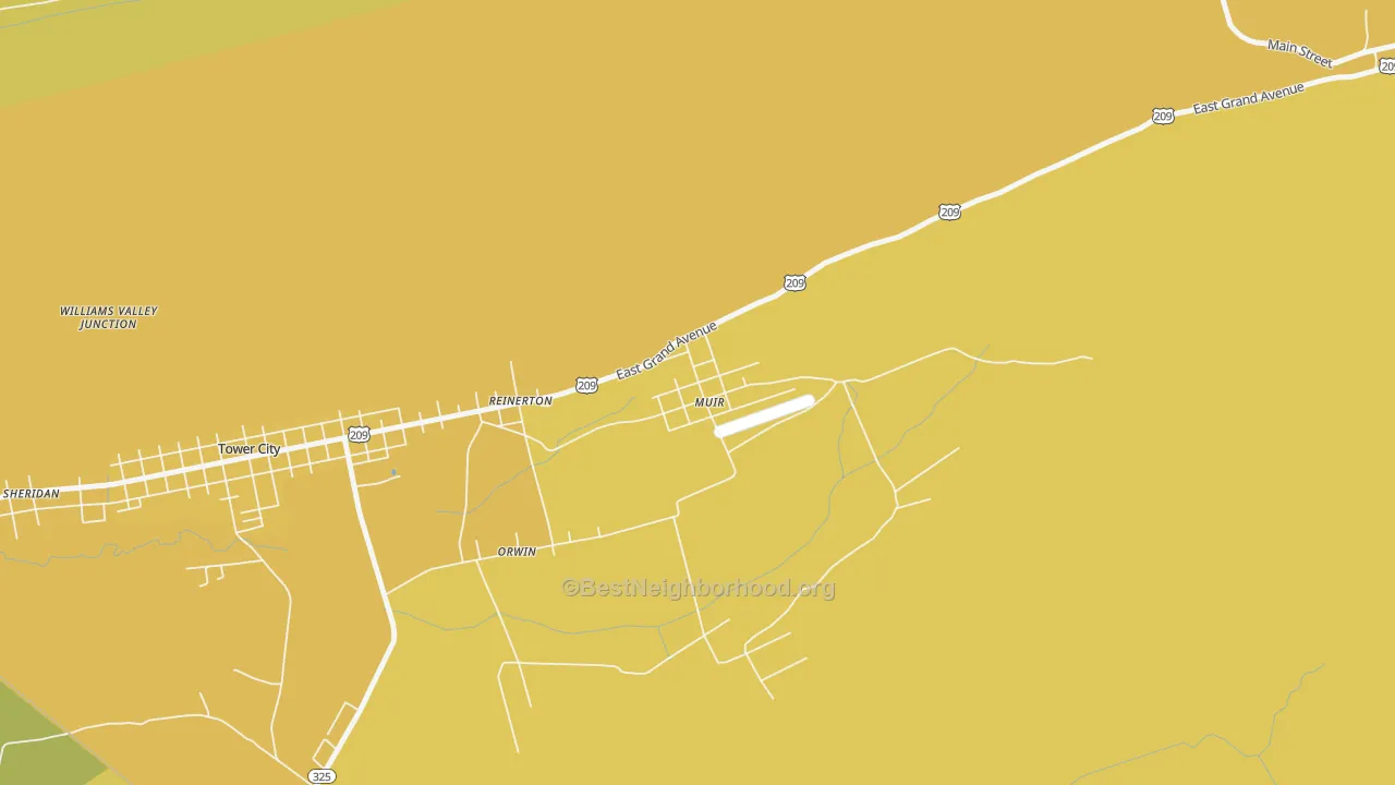 Map of the best neighborhoods in the 17957 area, with better matches in green and worse matches in red