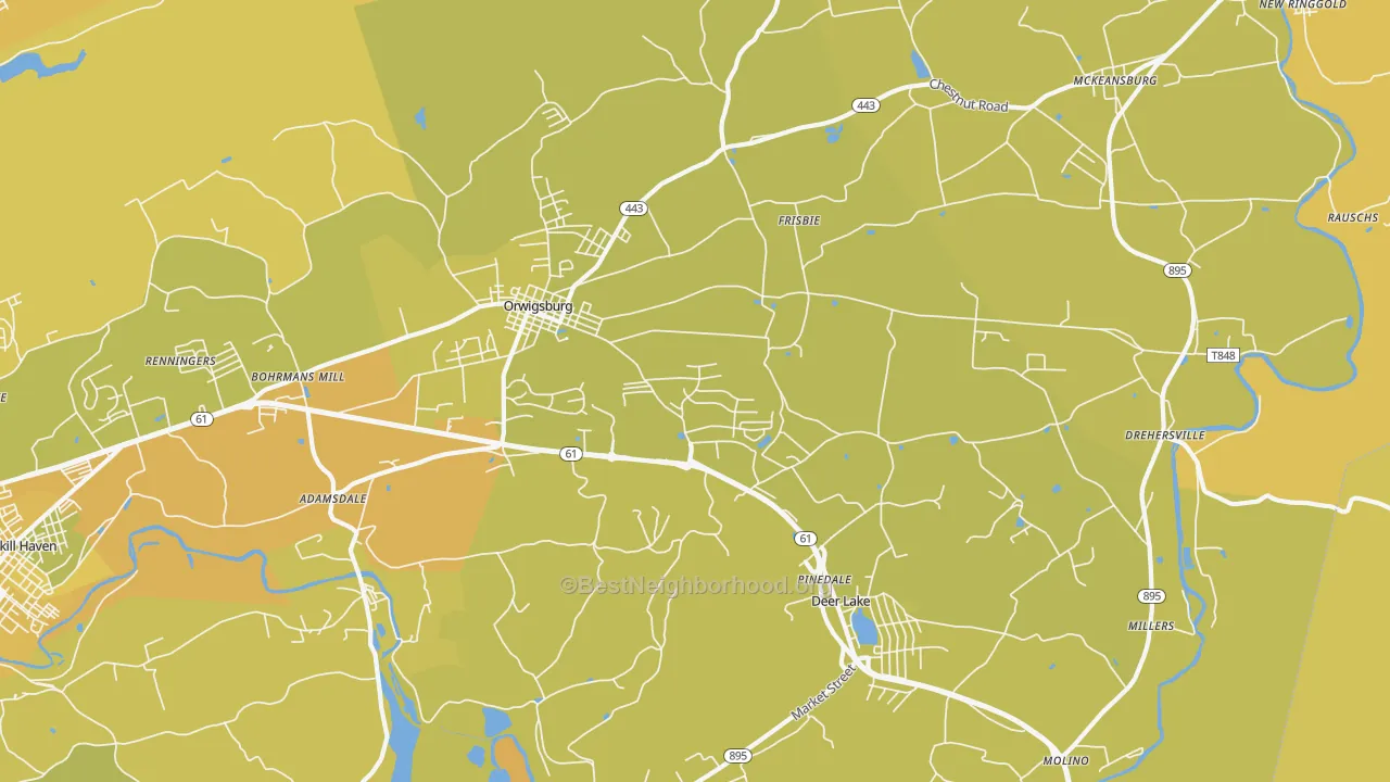 Map of the best neighborhoods in the 17961 area, with better matches in green and worse matches in red