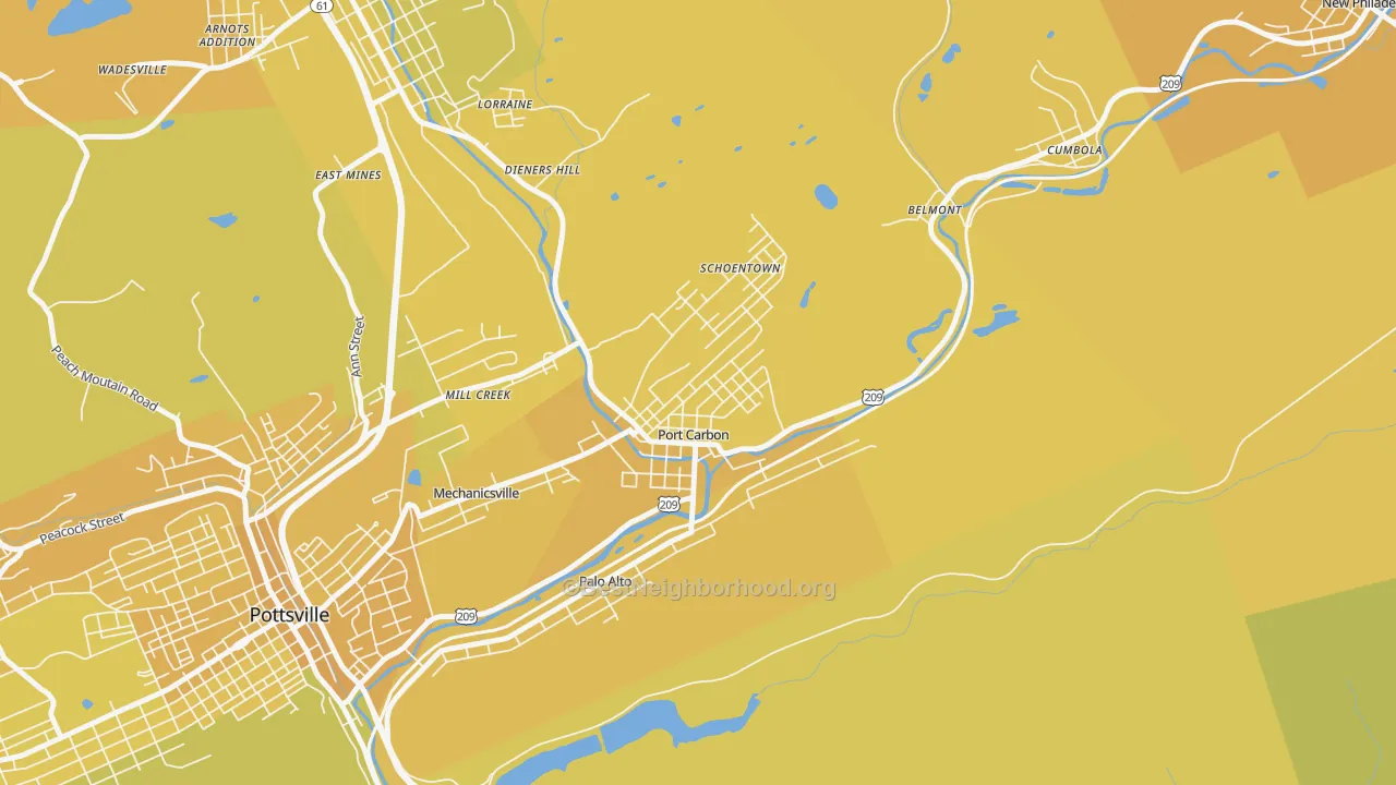 Map of the best neighborhoods in the 17965 area, with better matches in green and worse matches in red