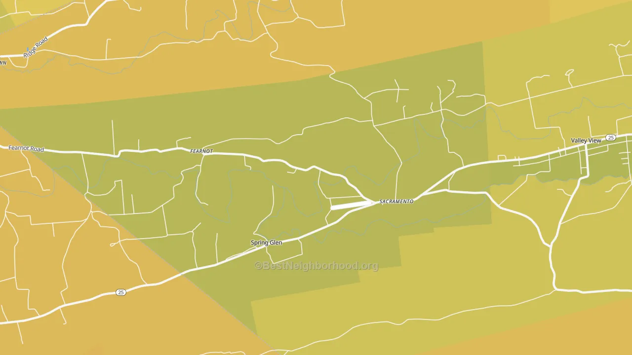 Map of the best neighborhoods in the 17968 area, with better matches in green and worse matches in red