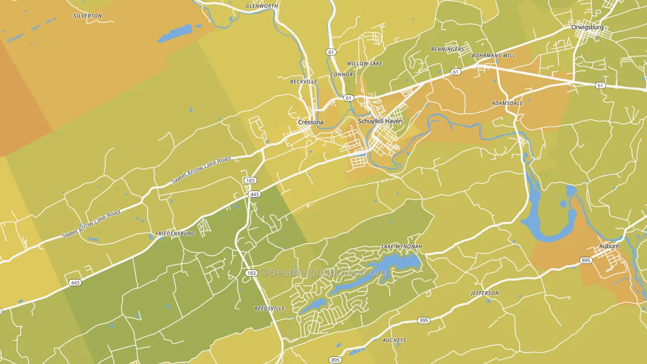 Map of the best neighborhoods in the 17972 area, with better matches in green and worse matches in red