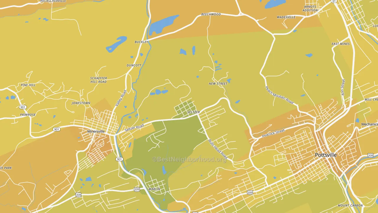 Map of the best neighborhoods in the 17974 area, with better matches in green and worse matches in red