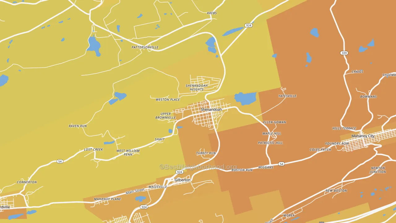 Map of the best neighborhoods in the 17976 area, with better matches in green and worse matches in red