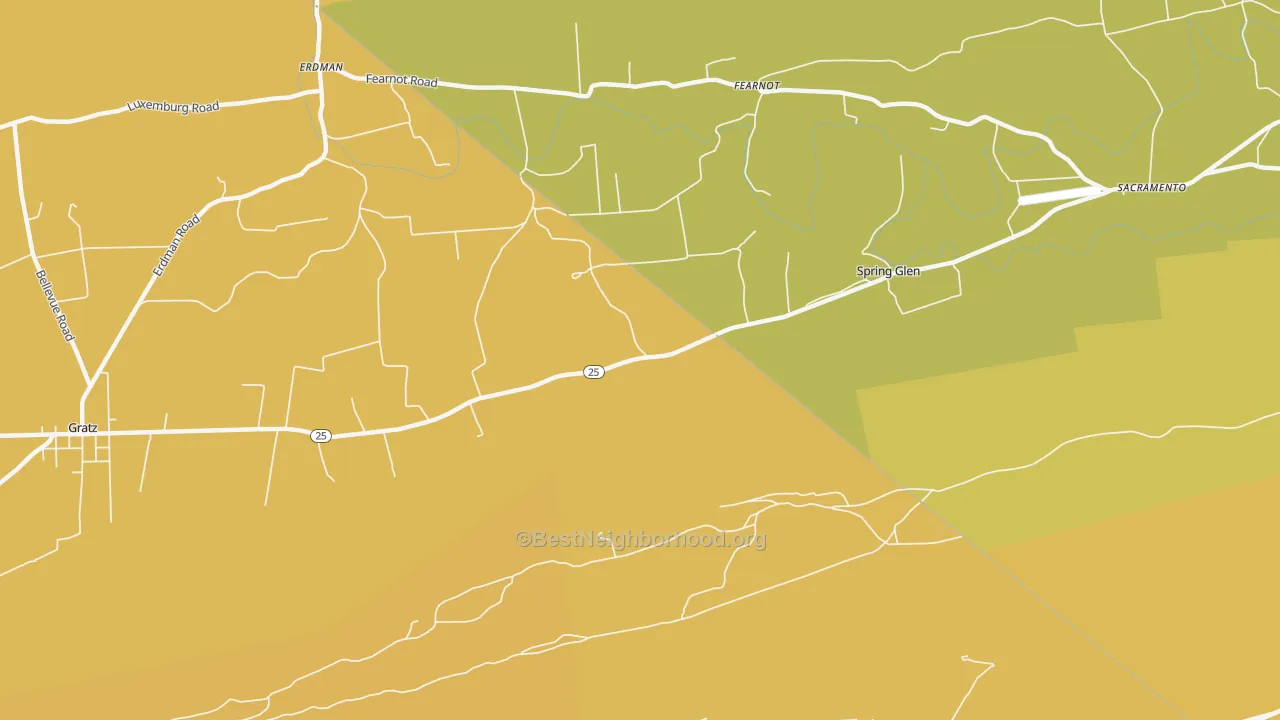 Map of the best neighborhoods in the 17978 area, with better matches in green and worse matches in red