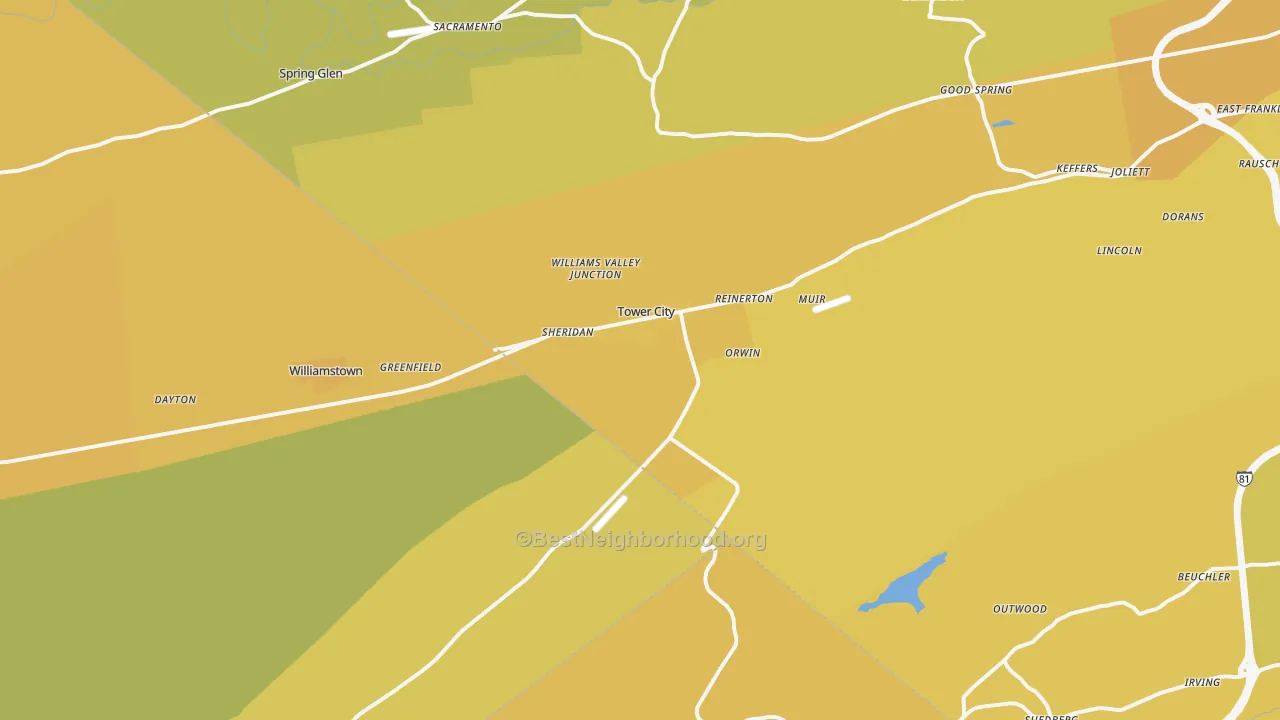 Map of the best neighborhoods in the 17980 area, with better matches in green and worse matches in red
