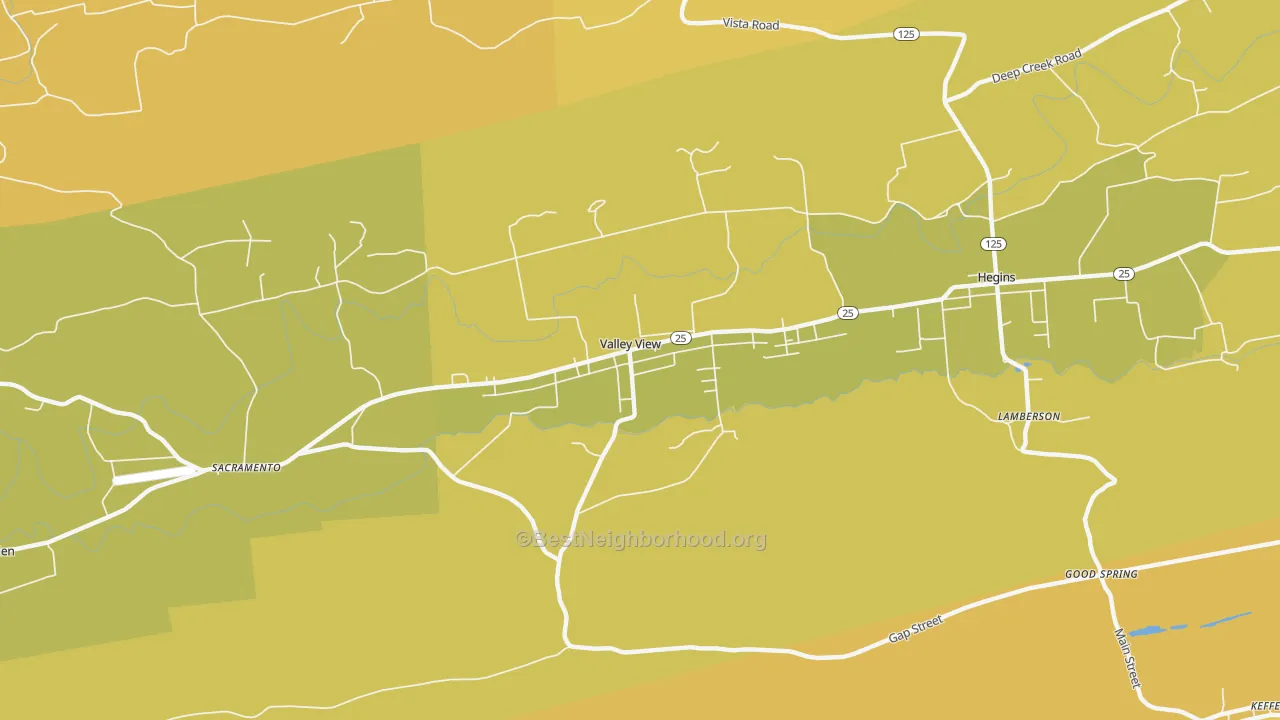 Map of the best neighborhoods in the 17983 area, with better matches in green and worse matches in red