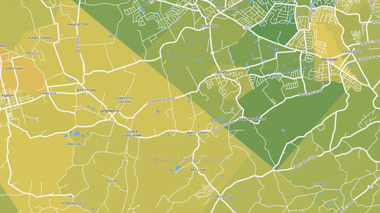 Map of the best neighborhoods in the 18011 area, with better matches in green and worse matches in red