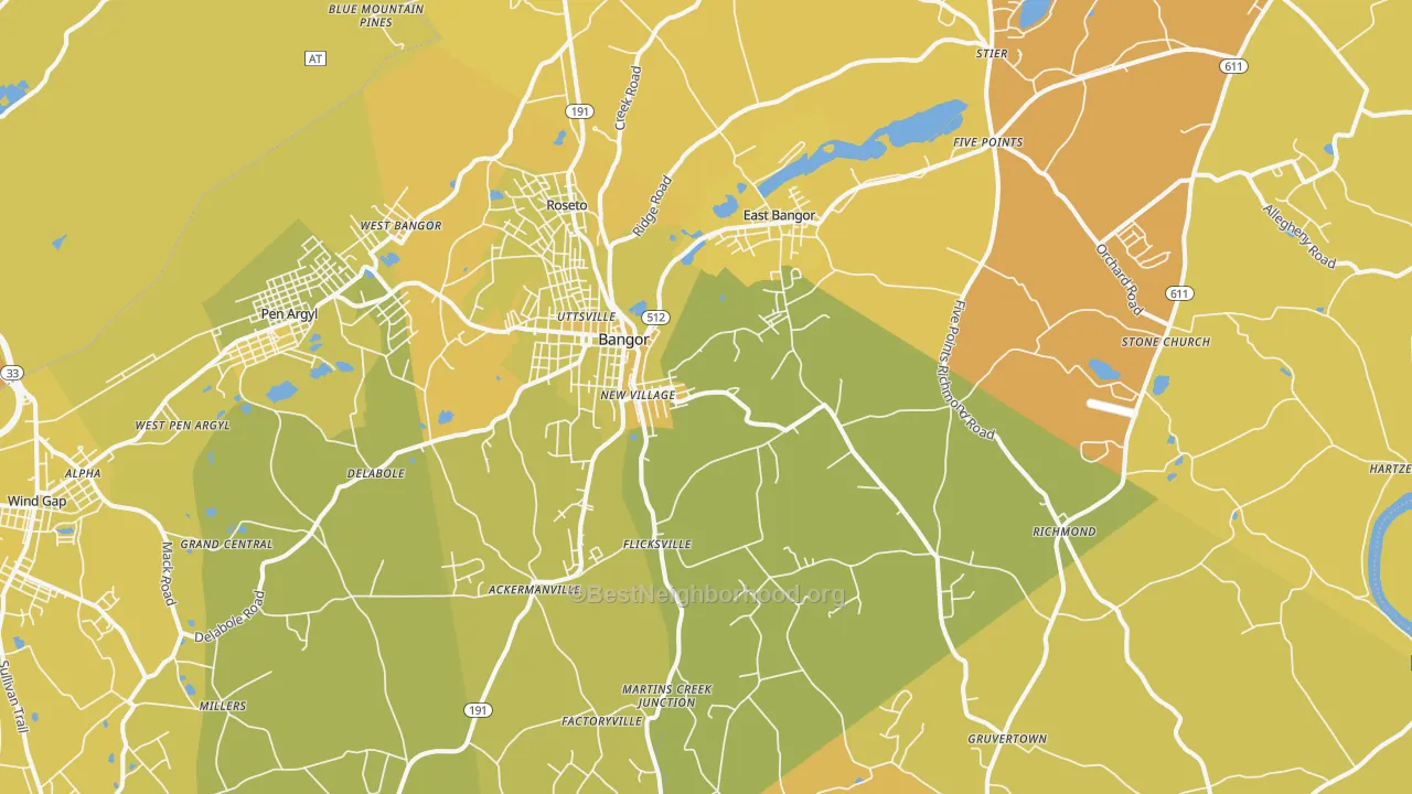 Map of the best neighborhoods in the 18013 area, with better matches in green and worse matches in red
