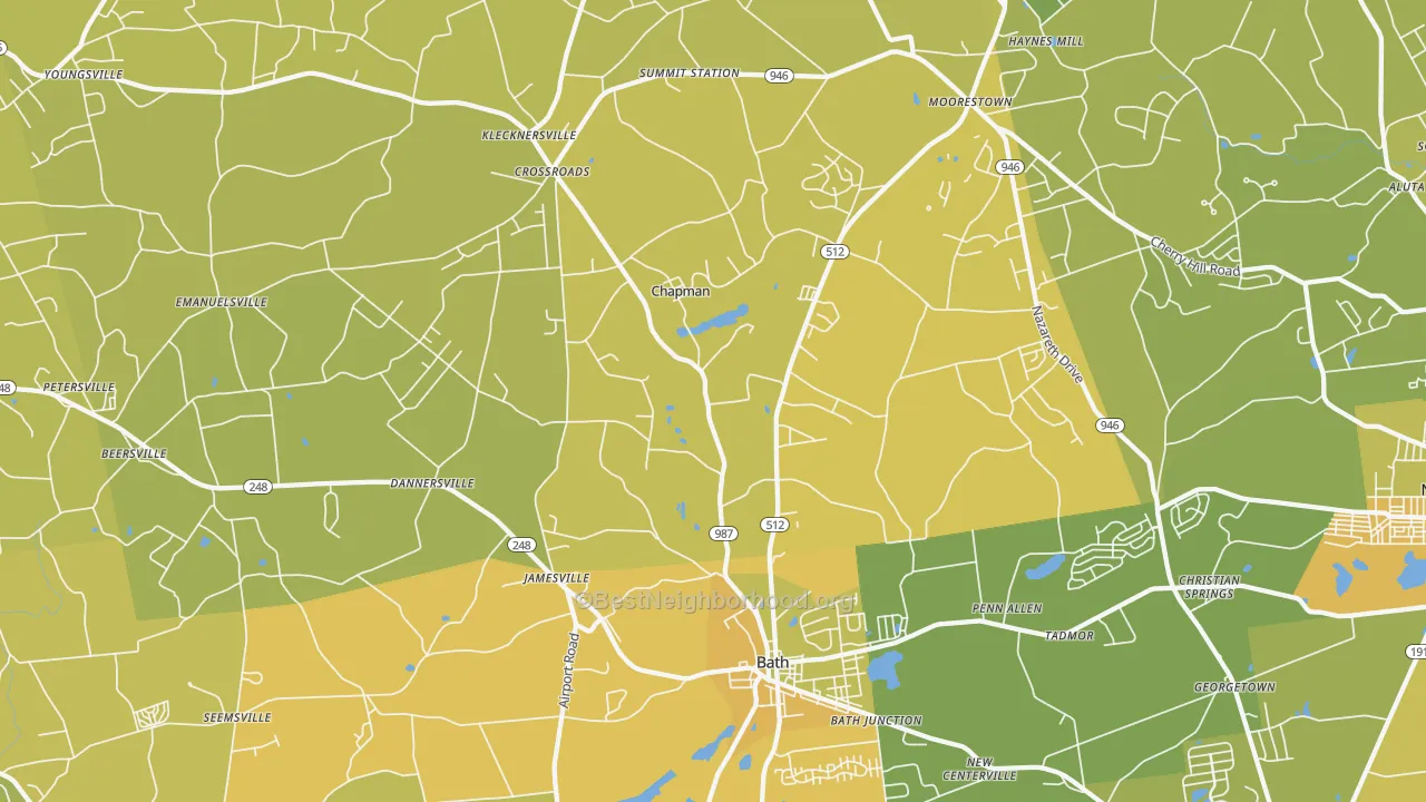 Map of the best neighborhoods in the 18014 area, with better matches in green and worse matches in red
