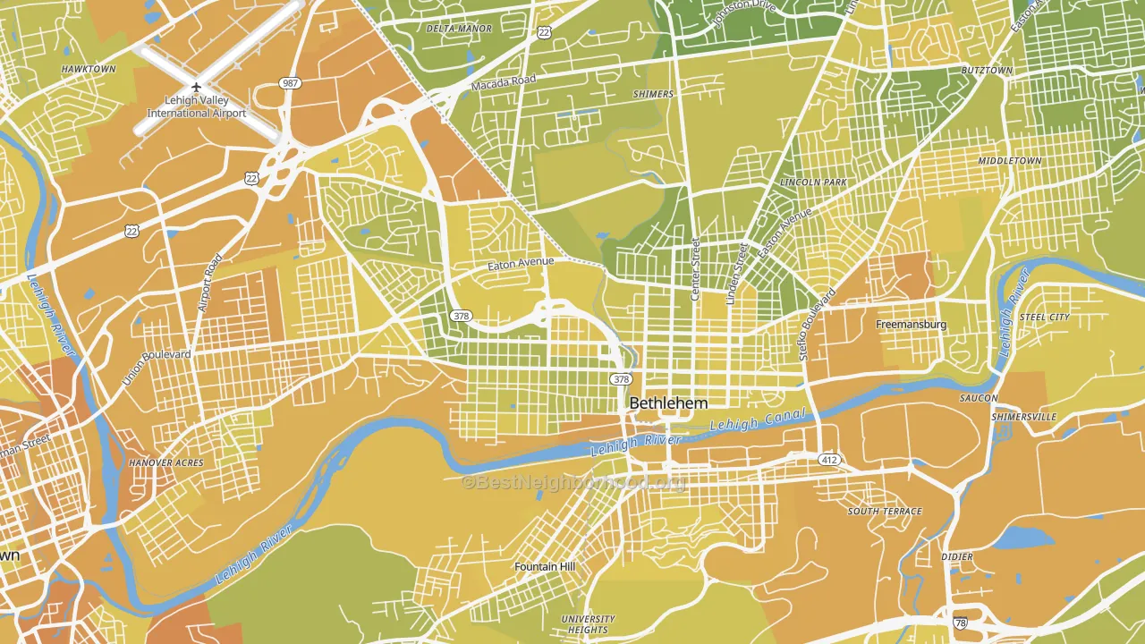 Map of the best neighborhoods in the 18018 area, with better matches in green and worse matches in red