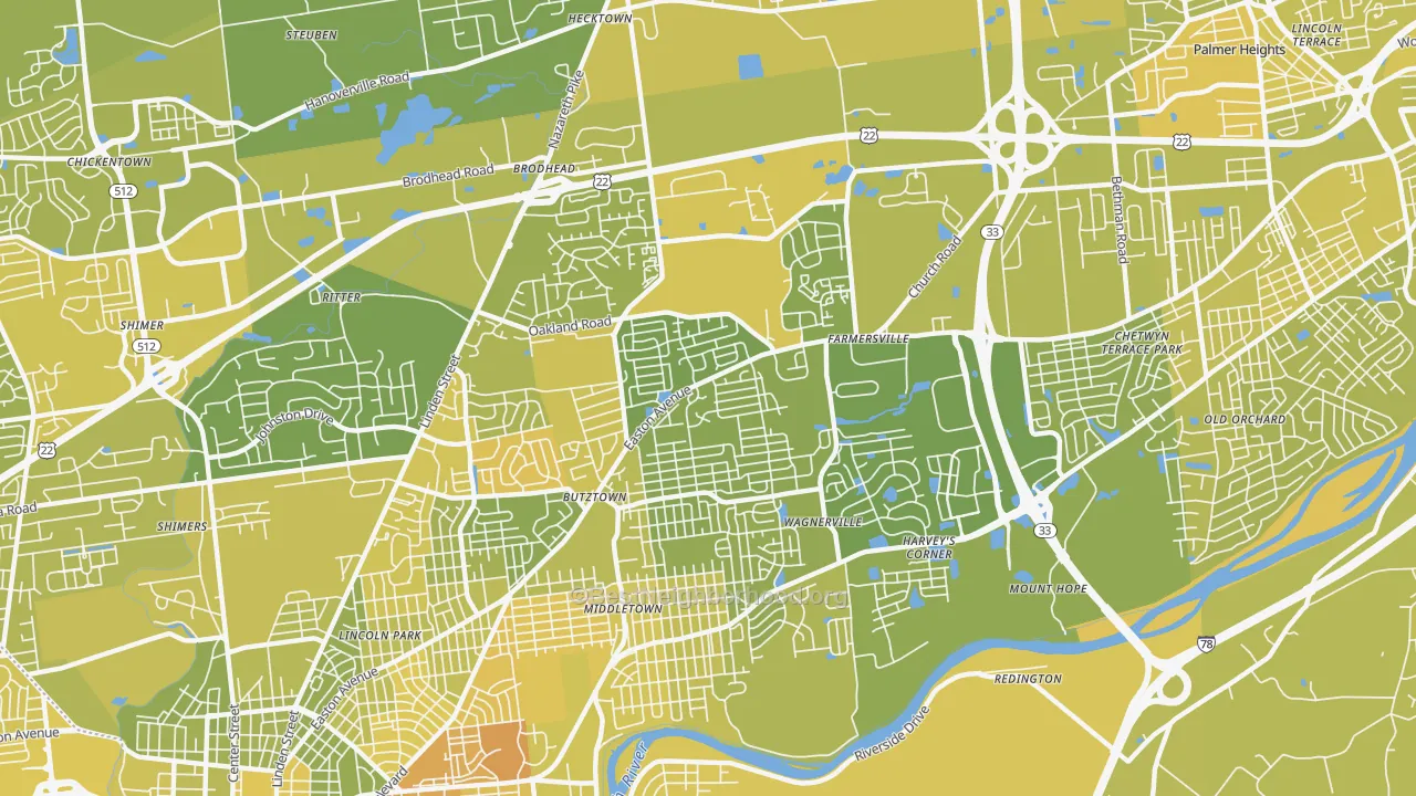 Map of the best neighborhoods in the 18020 area, with better matches in green and worse matches in red
