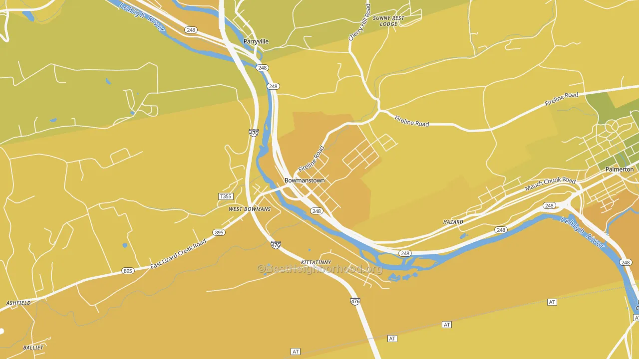 Map of the best neighborhoods in the 18030 area, with better matches in green and worse matches in red