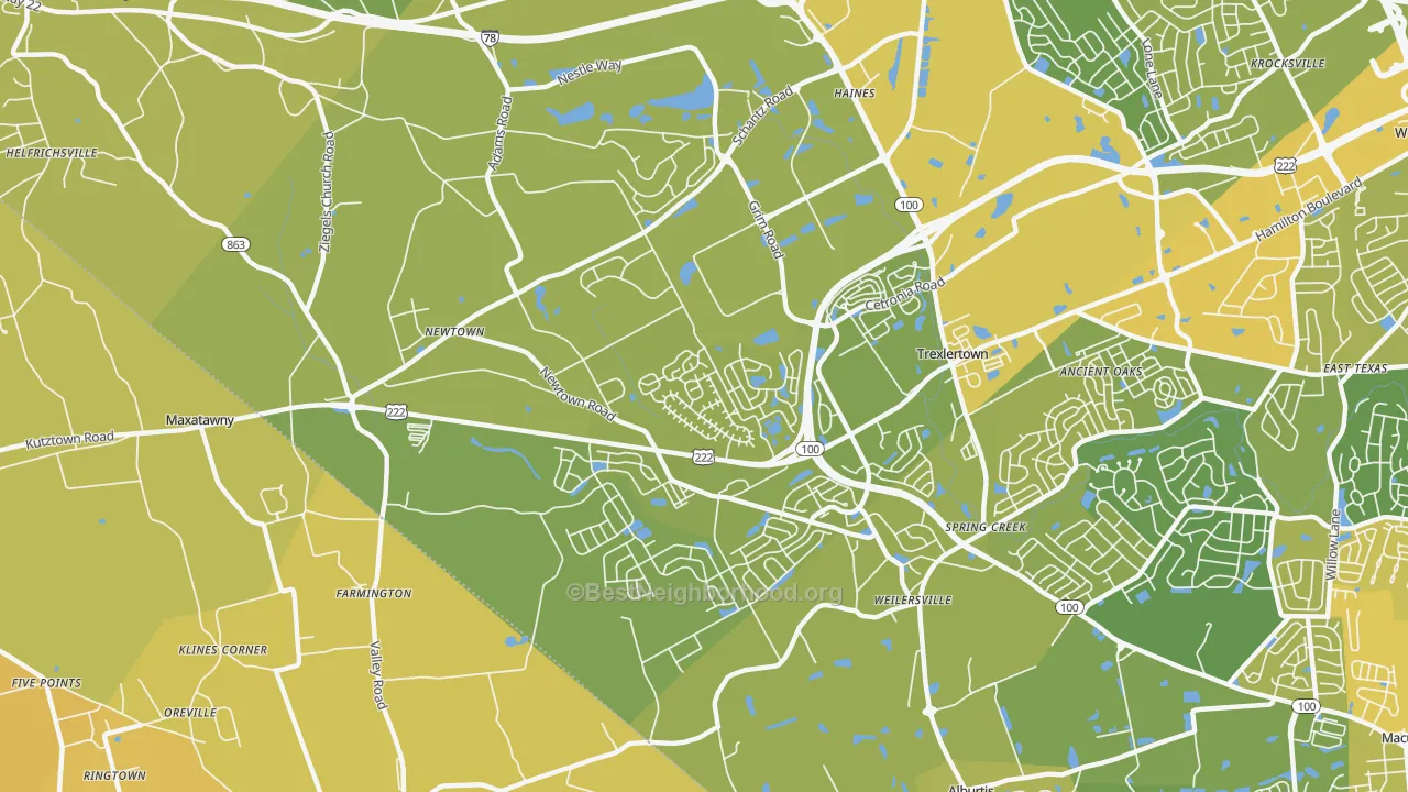 Map of the best neighborhoods in the 18031 area, with better matches in green and worse matches in red