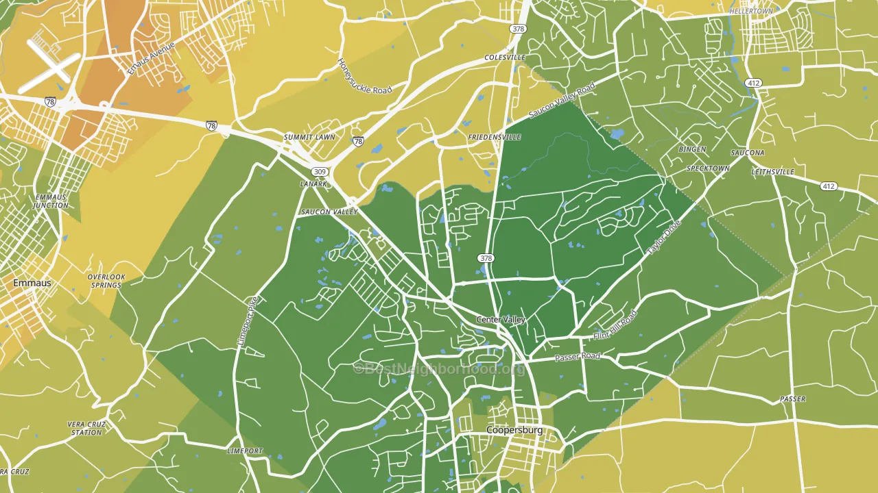 Map of the best neighborhoods in the 18034 area, with better matches in green and worse matches in red